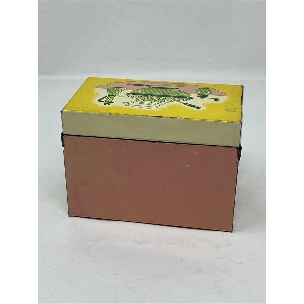 Vintage The Ohio Art Co Metal MCM Recipe Box Pink Green Yellow USA